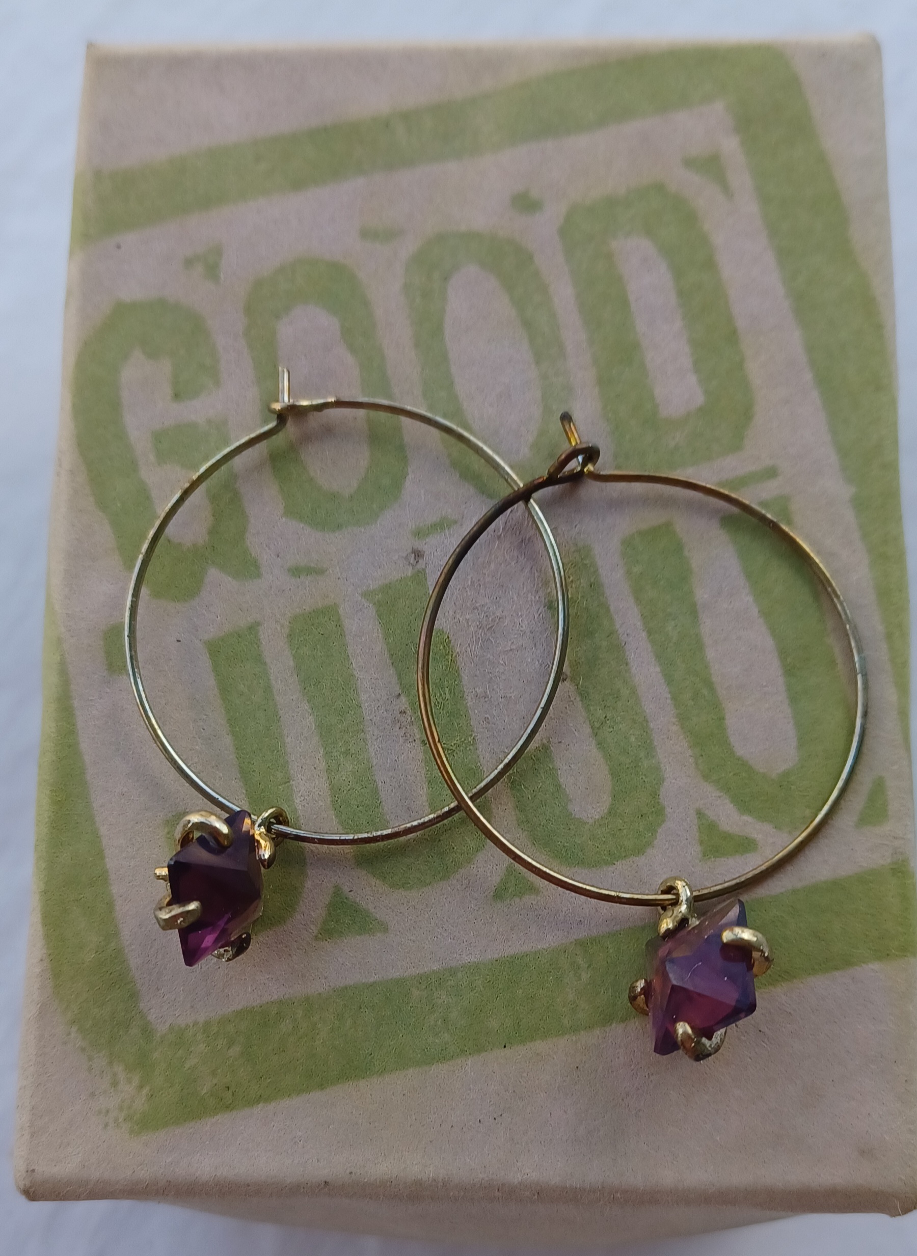 Gold Tone Hoop Earrings with Purple Crystal Charms